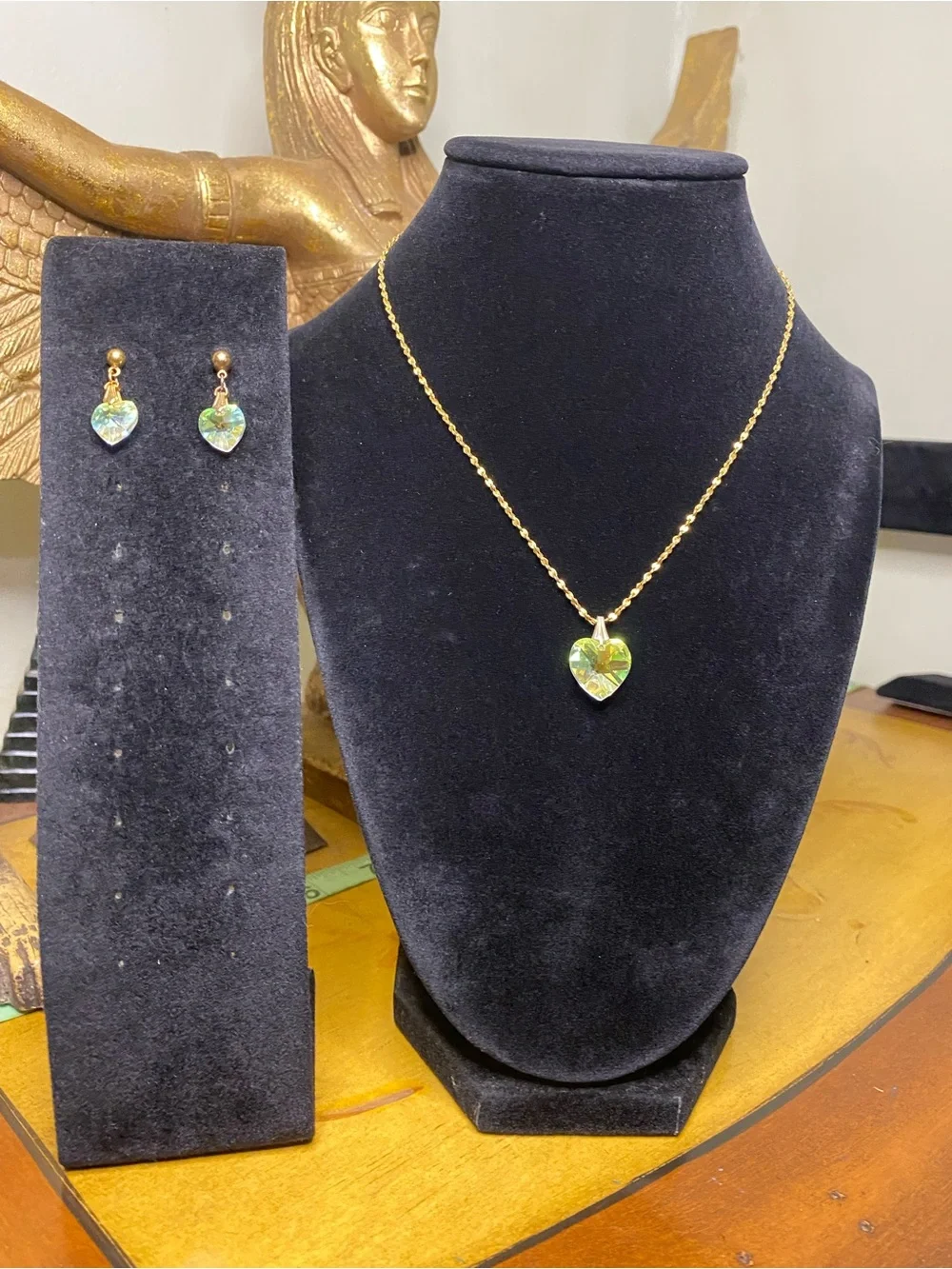 Vintage Heart Crystal Pendant Necklace and Earrings Set - Green Heart
